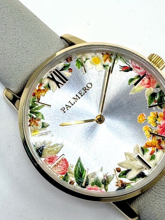 Palmero De Fleurs Floral Dial Leather Watch gold tone grey leather New SS350 main image 8